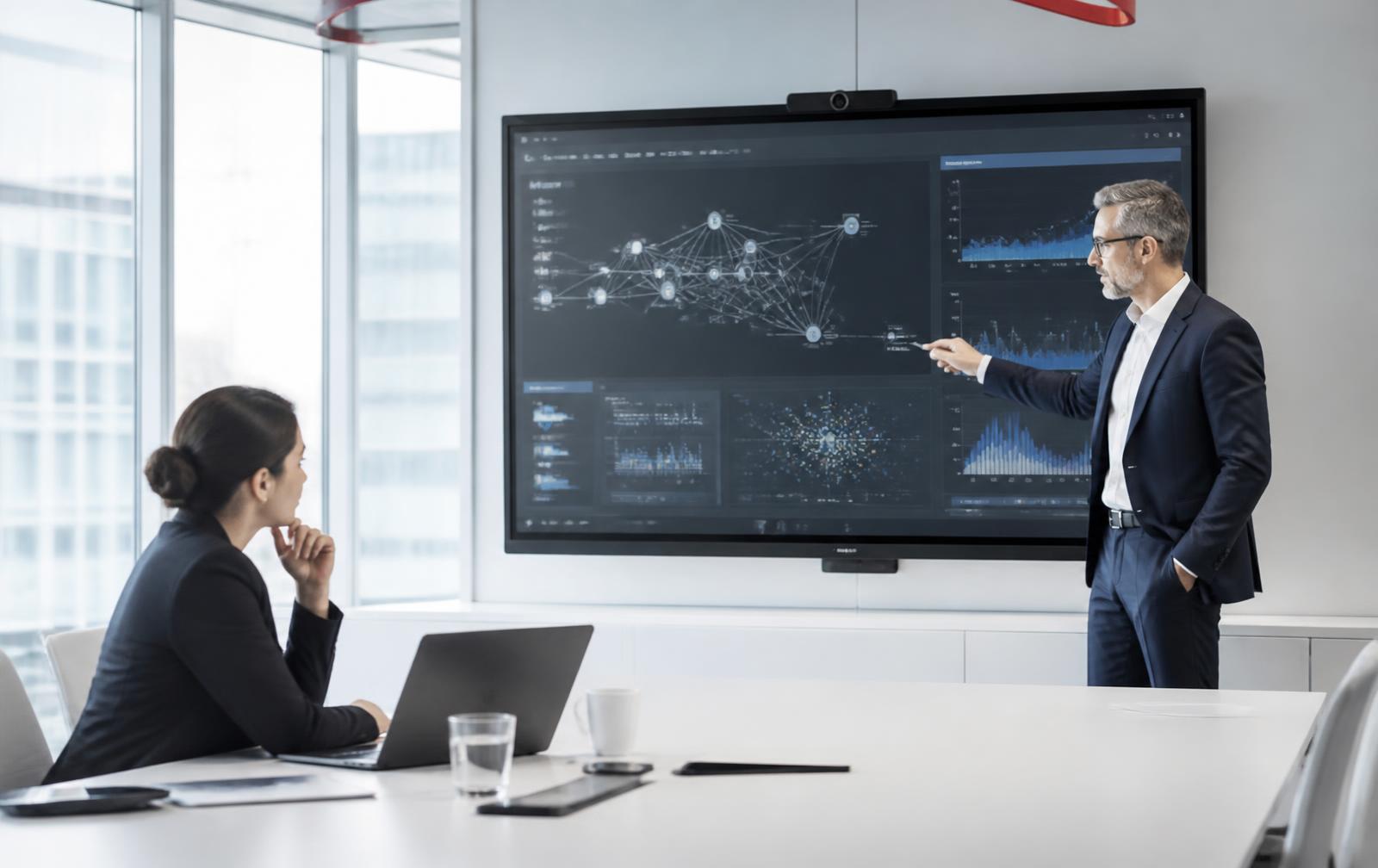 K-PIC Systems consultants reviewing AI strategy and model performance dashboards in a client boardroom