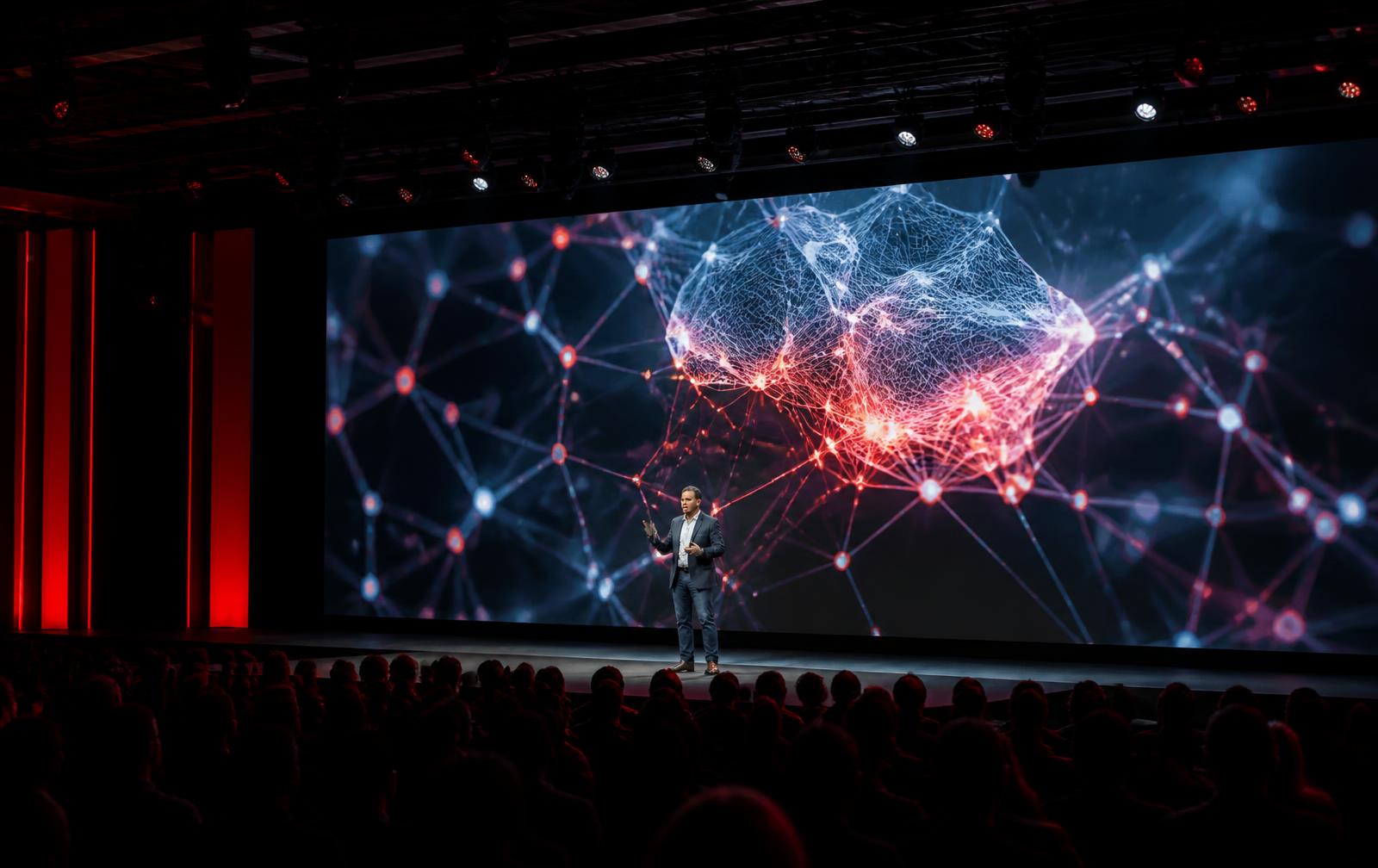 Kristian Bainey of K-PIC Systems delivering an artificial intelligence keynote to a conference auditorium audience
